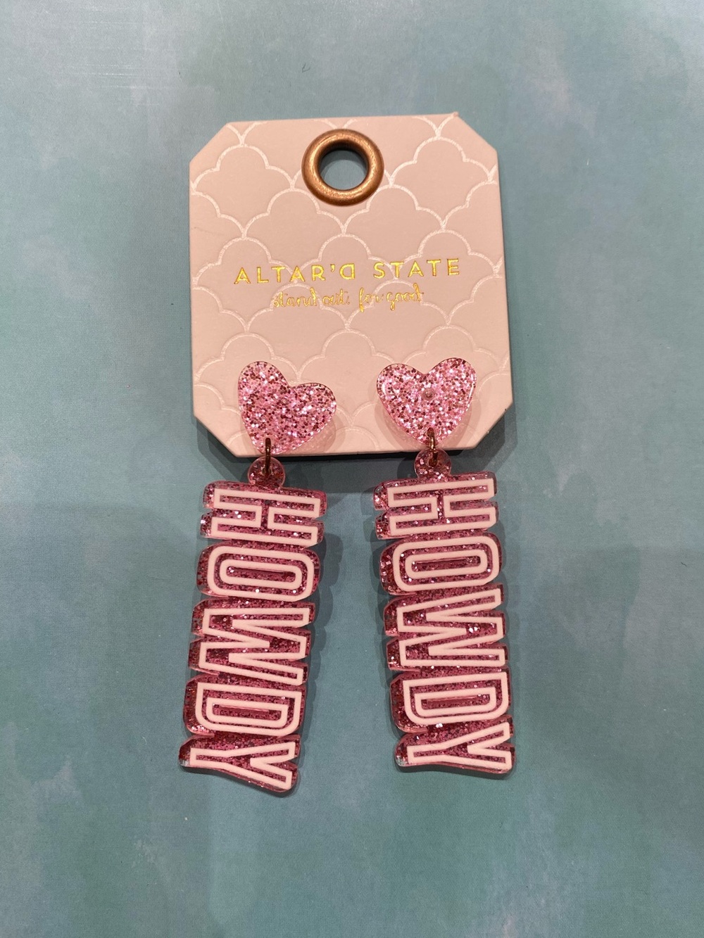 Altar'd State Pink Glitter 'Howdy' Heart Drop Earrings